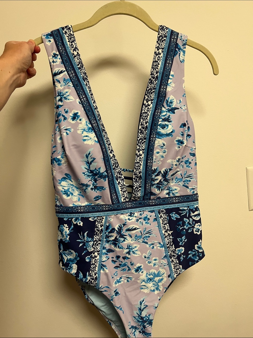 Nanette Lepore Lavender and Blue Floral Deep V Bandeau One-Piece✨